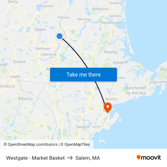 Westgate - Market Basket to Salem, MA map