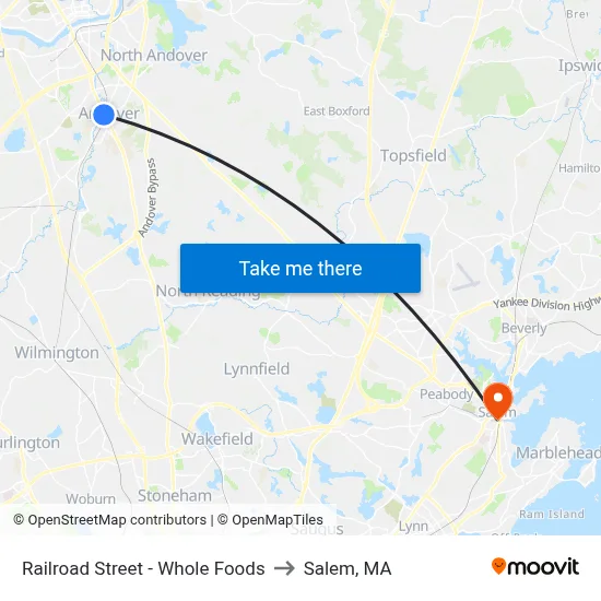 Railroad Street - Whole Foods to Salem, MA map