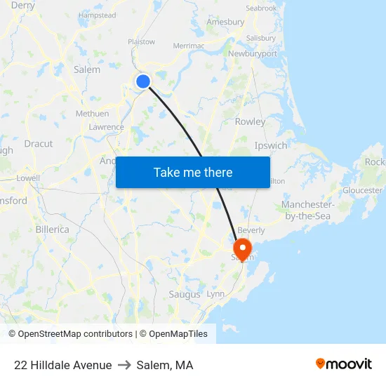 22 Hilldale Avenue to Salem, MA map