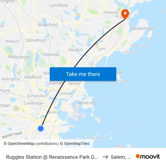 Ruggles Station @ Renaissance Park Garage to Salem, MA map