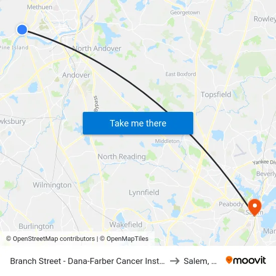 Branch Street - Dana-Farber Cancer Institute to Salem, MA map