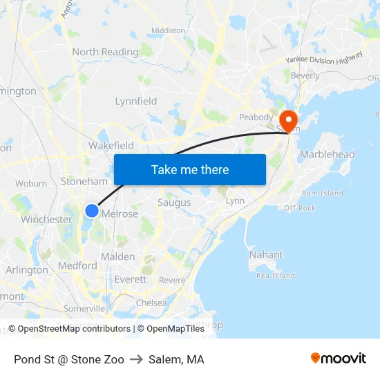 Pond St @ Stone Zoo to Salem, MA map