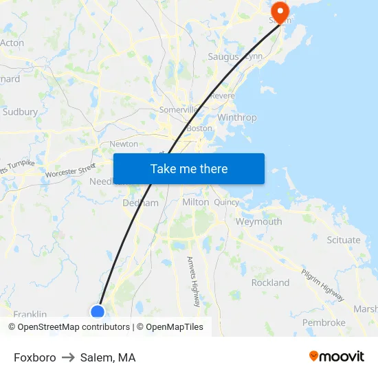 Foxboro to Salem, MA map