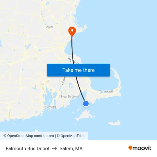 Falmouth Bus Depot to Salem, MA map