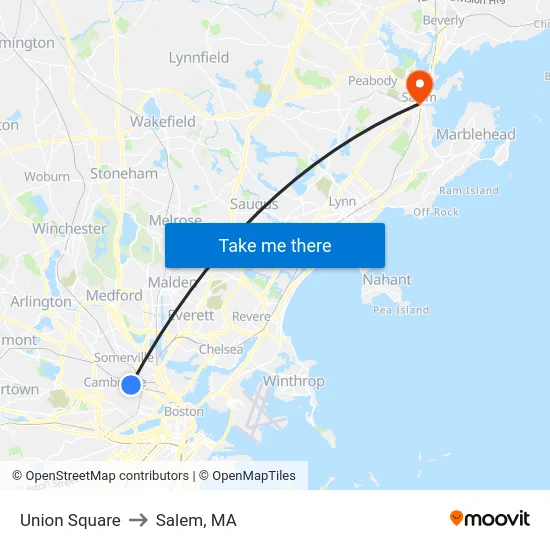 Union Square to Salem, MA map