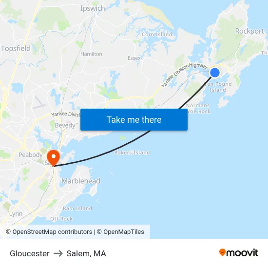 Gloucester to Salem, MA map