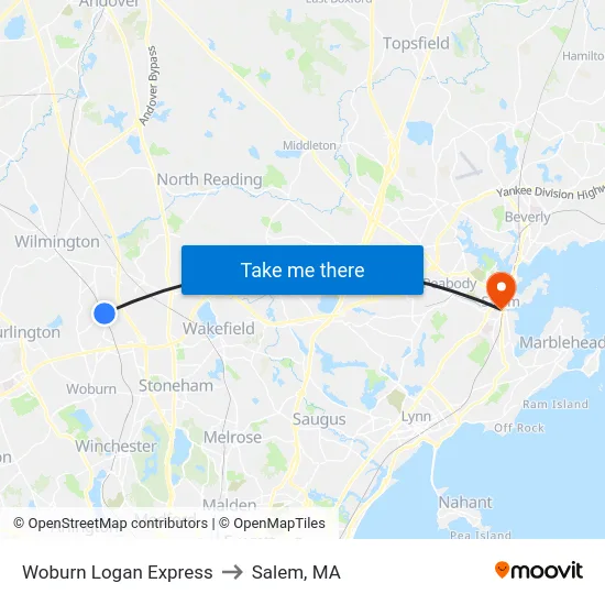 Woburn Logan Express to Salem, MA map