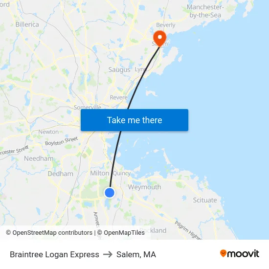 Braintree Logan Express to Salem, MA map