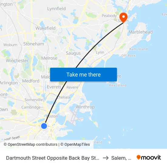 Dartmouth Street Opposite Back Bay Station to Salem, MA map