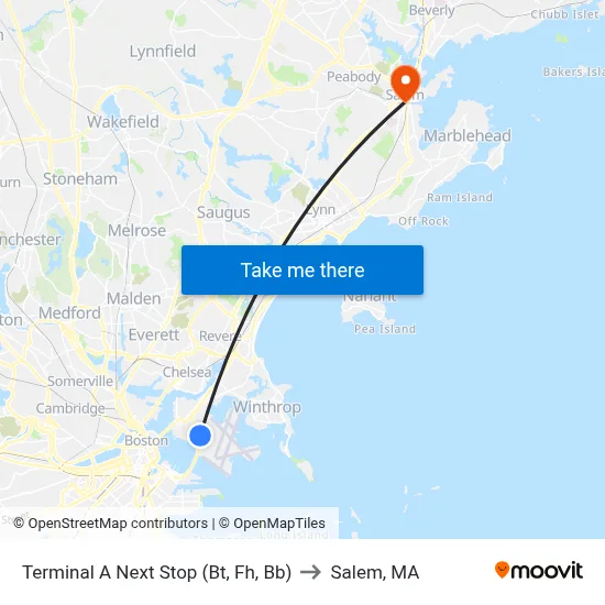 Terminal A Next Stop (Bt, Fh, Bb) to Salem, MA map