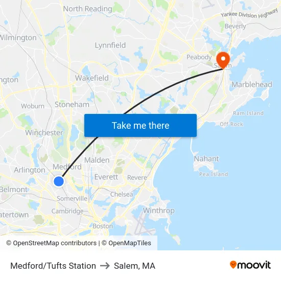 Medford/Tufts Station to Salem, MA map