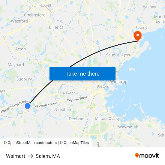 Walmart to Salem, MA map