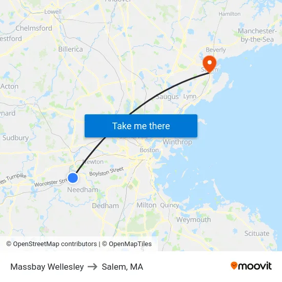 Massbay Wellesley to Salem, MA map
