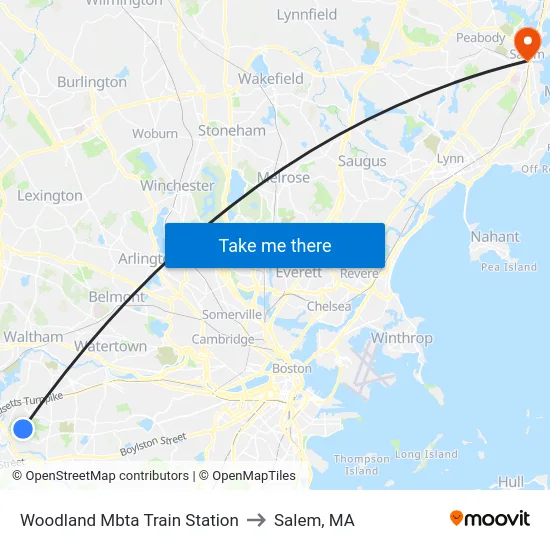 Woodland Mbta Train Station to Salem, MA map