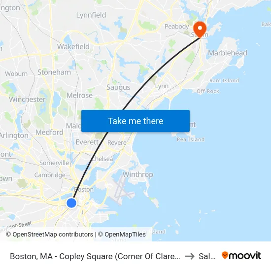 Boston, MA - Copley Square (Corner Of Clarendon St. & St. James Ave. In Front Of Trinity Church) to Salem, MA map