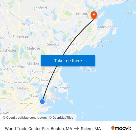World Trade Center Pier, Boston, MA to Salem, MA map