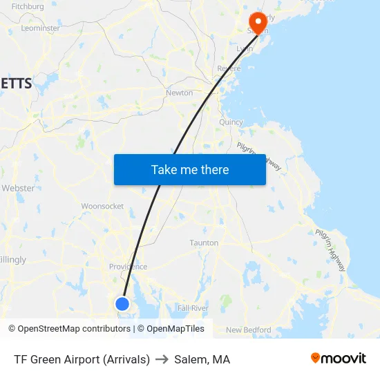 TF Green Airport (Arrivals) to Salem, MA map