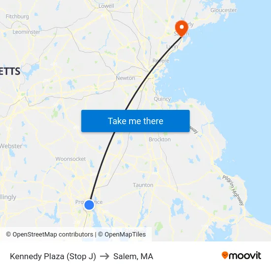 Kennedy Plaza (Stop J) to Salem, MA map