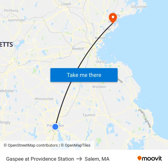 Gaspee at Providence Station to Salem, MA map