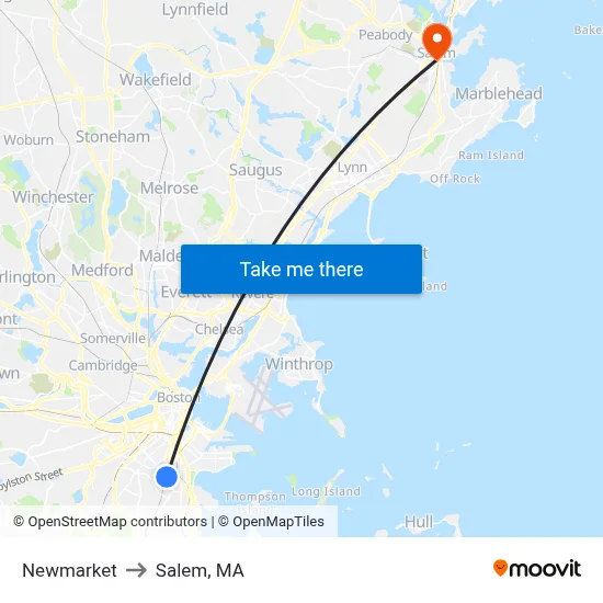 Newmarket to Salem, MA map