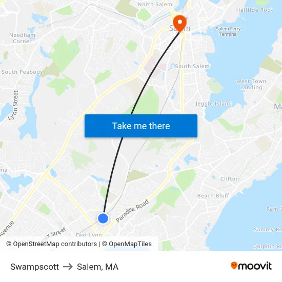 Swampscott to Salem, MA map