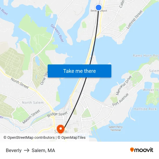 Beverly to Salem, MA map