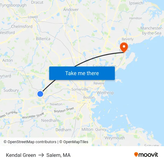 Kendal Green to Salem, MA map