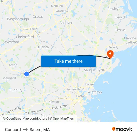 Concord to Salem, MA map