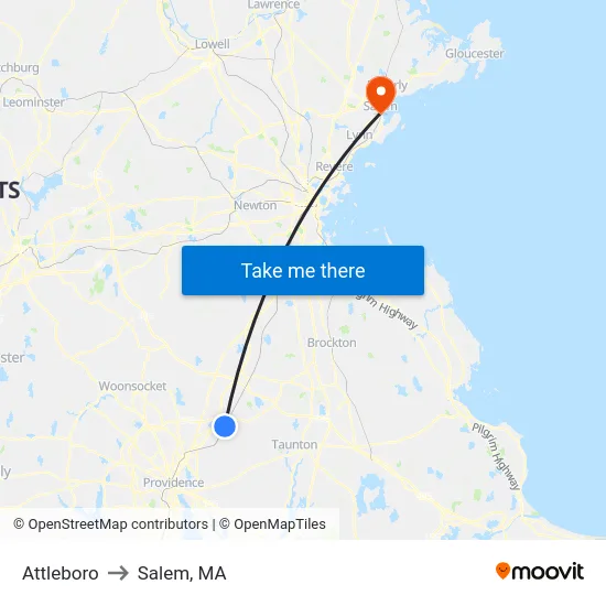 Attleboro to Salem, MA map