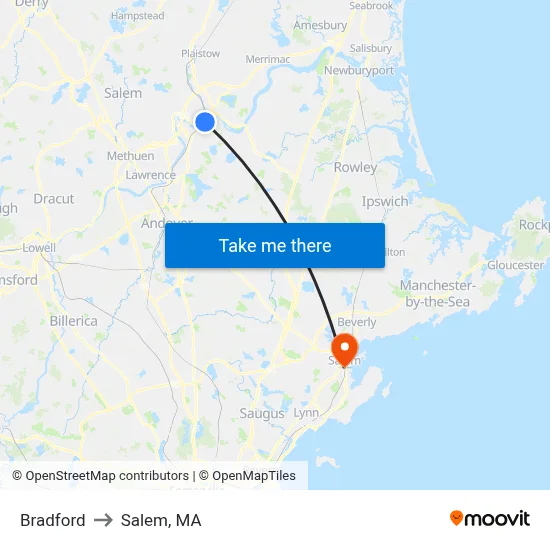 Bradford to Salem, MA map