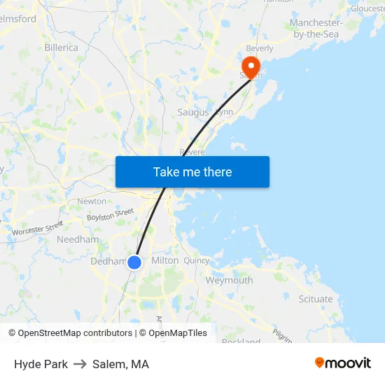 Hyde Park to Salem, MA map