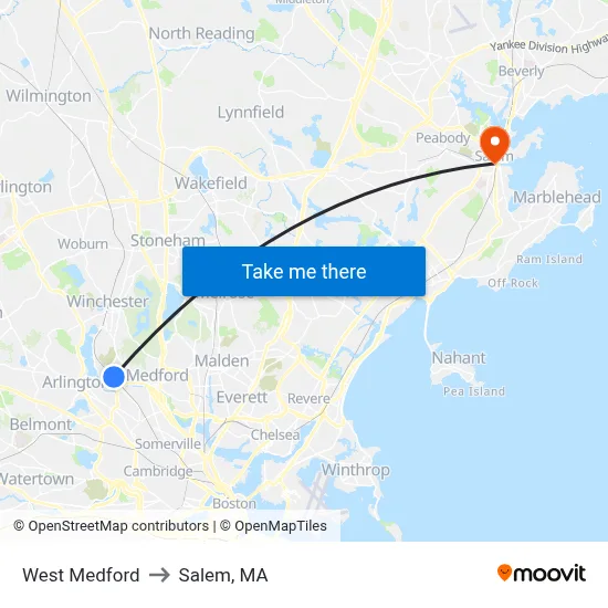 West Medford to Salem, MA map