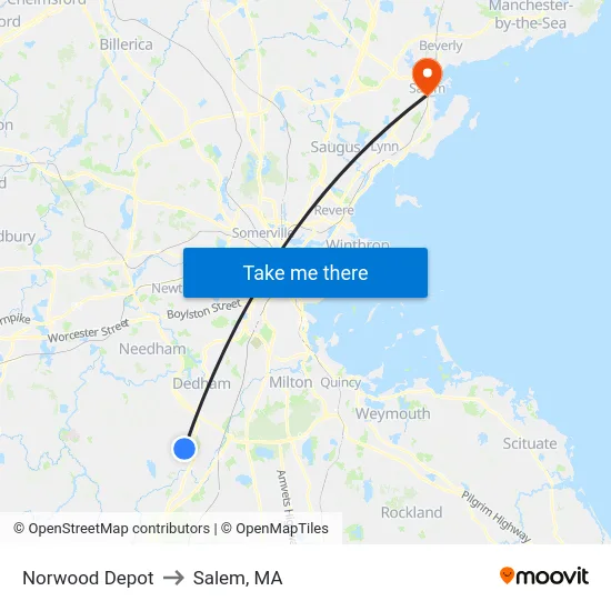 Norwood Depot to Salem, MA map