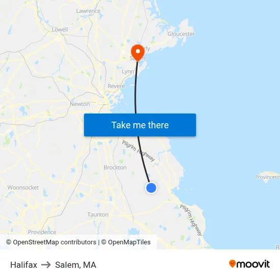 Halifax to Salem, MA map