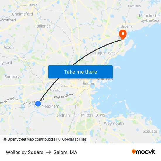 Wellesley Square to Salem, MA map