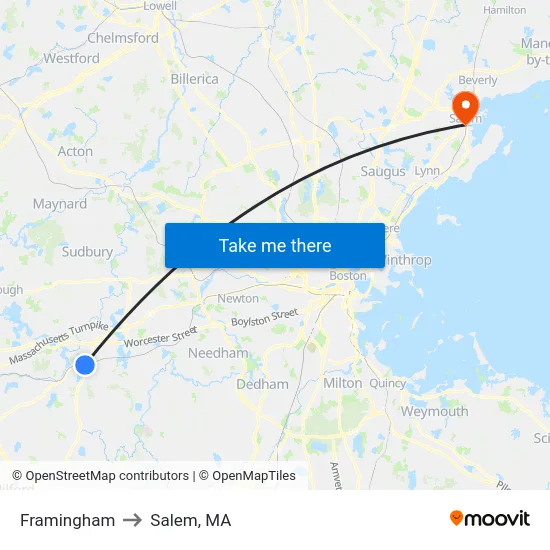 Framingham to Salem, MA map