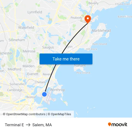Terminal E to Salem, MA map