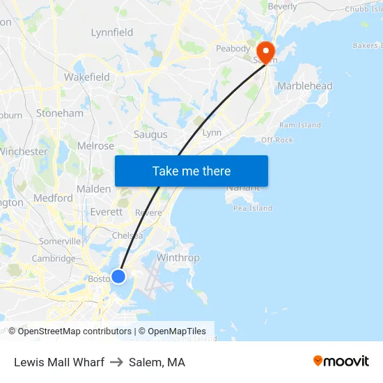 Lewis Mall Wharf to Salem, MA map