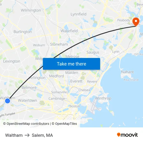 Waltham to Salem, MA map