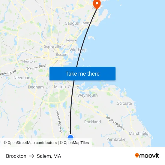 Brockton to Salem, MA map