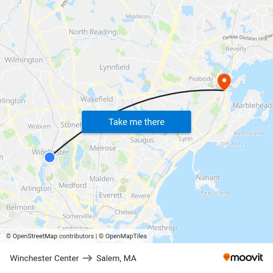 Winchester Center to Salem, MA map