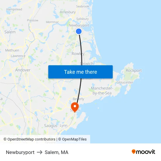 Newburyport to Salem, MA map