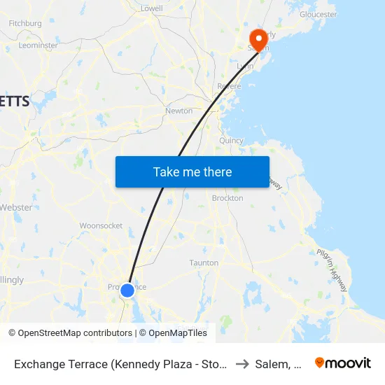 Exchange Terrace (Kennedy Plaza - Stop X) to Salem, MA map