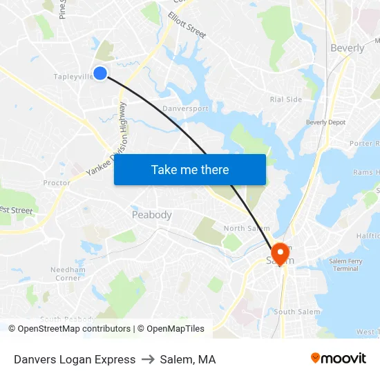 Danvers Logan Express to Salem, MA map