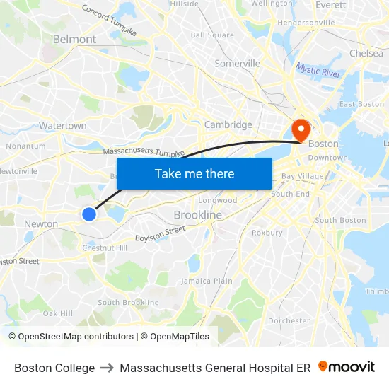 Boston College to Massachusetts General Hospital ER map