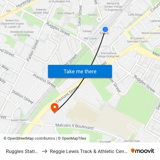 Ruggles Station to Reggie Lewis Track & Athletic Center map