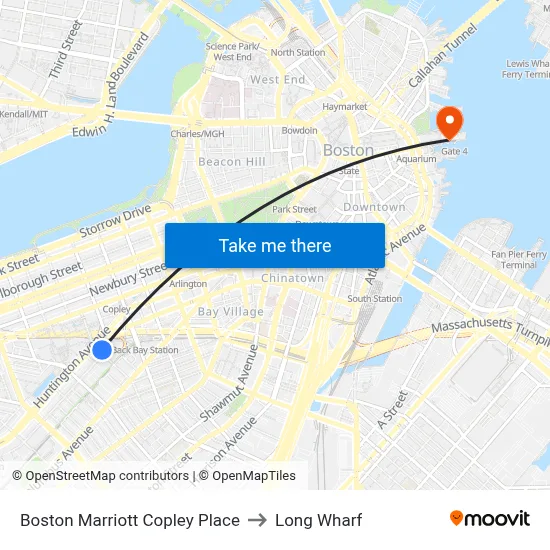 Boston Marriott Copley Place to Long Wharf map