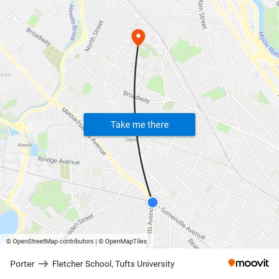 Porter to Fletcher School, Tufts University map