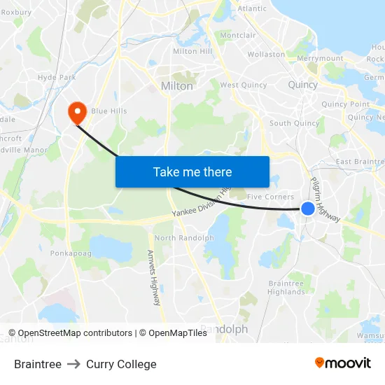 Braintree to Curry College map