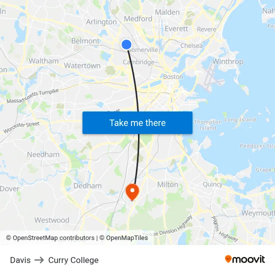 Davis to Curry College map